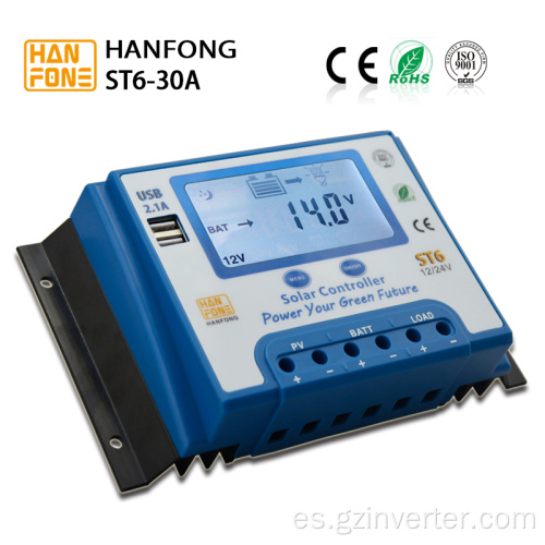 Controlador de carga solar PWM de 30a 12V/24 V con pantalla